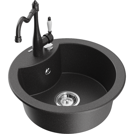 Mexen Diego granite sink 1-bowl with kitchen faucet Carla, black speckled - 6512-76-670700-76
