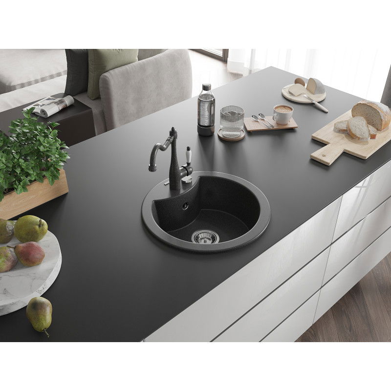 Mexen Diego 1-bowl granite sink with Carla kitchen tap, black speckled - 6512-76-670700-76