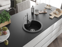 Mexen Diego 1-compartment granite sink with a kitchen mixer tap Carla, Black - 6512-77-670700-00