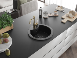 Mexen Diego single-bowl granite sink with Carla kitchen tap, black - 6512-77-670700-50-B