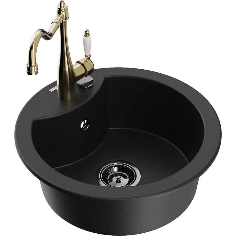 Mexen Diego granite kitchen sink 1-bowl with Carla kitchen faucet, black - 6512-77-670700-50-B