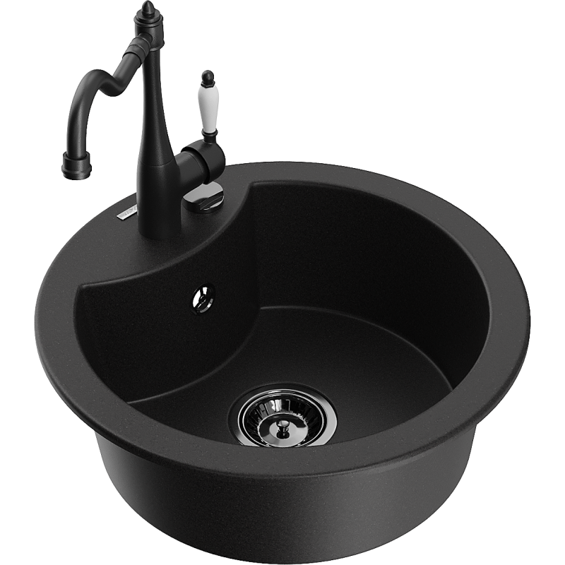 Mexen Diego 1-Bowl Granite Sink with Carla Kitchen Tap, Black - 6512-77-670700-70-B
