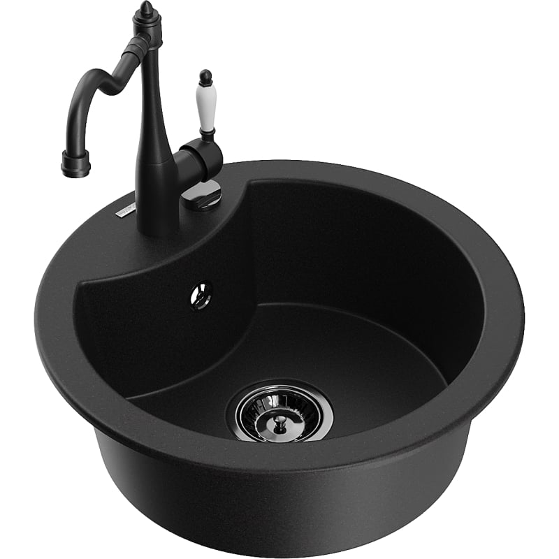 Mexen Diego granite kitchen sink single-bowl with Carla kitchen faucet, black - 6512-77-670700-70-B