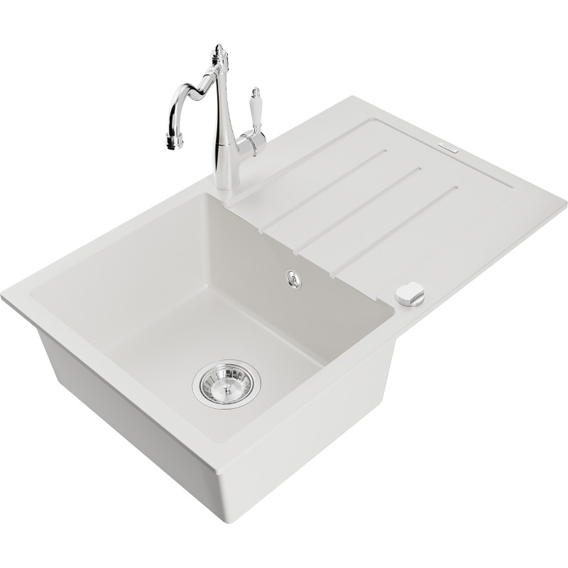 Mexen Bruno granite sink 1-bowl with drainer and kitchen faucet Carla, white - 6513-20-670700-00