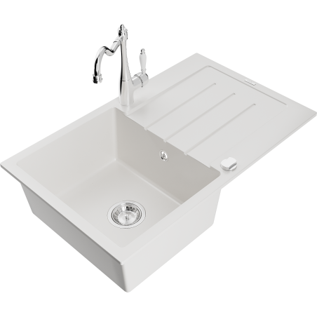 Mexen Bruno 1-compartment granite sink with a drip tray and kitchen mixer tap Carla, White - 6513-20-670700-00