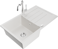 Mexen Bruno granite kitchen sink 1-bowl with drainer and Carla kitchen tap, white - 6513-20-670700-00