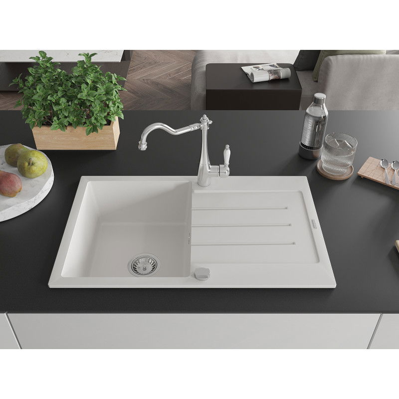 Mexen Bruno granite kitchen sink 1-bowl with drainer and Carla kitchen tap, white - 6513-20-670700-00