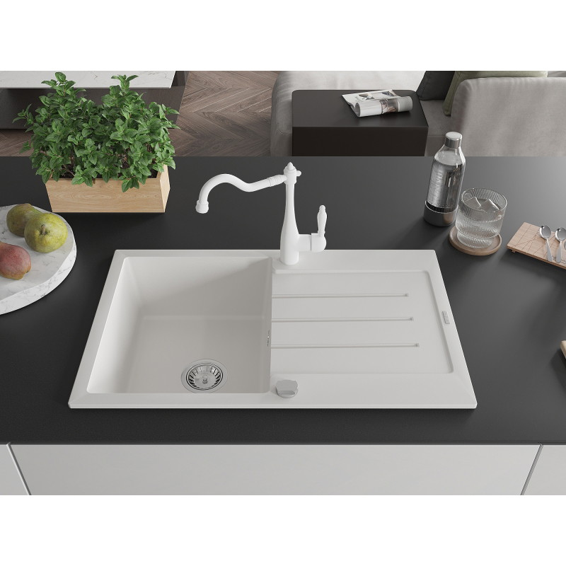 Mexen Bruno 1-bowl granite sink with drainer and Carla kitchen faucet, white - 6513-20-670700-20