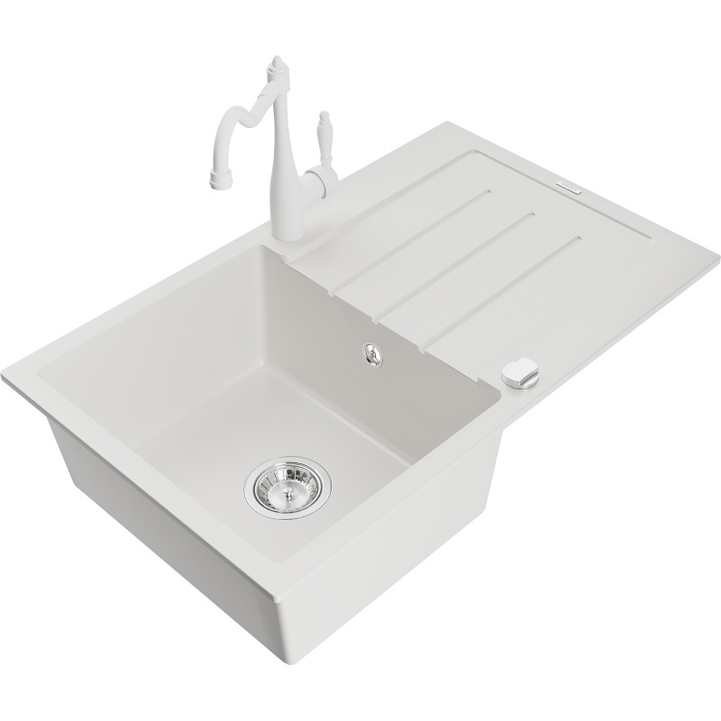 Mexen Bruno 1-bowl granite sink with drainer and Carla kitchen faucet, white - 6513-20-670700-20