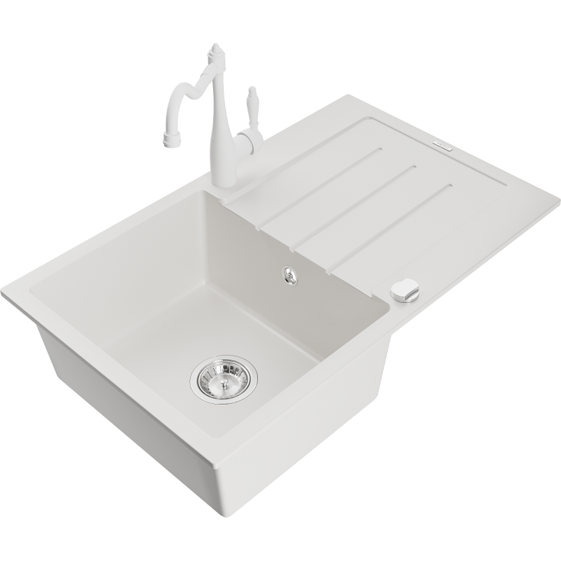 Mexen Bruno 1-compartment granite sink with a drip tray and kitchen mixer tap Carla, White - 6513-20-670700-20