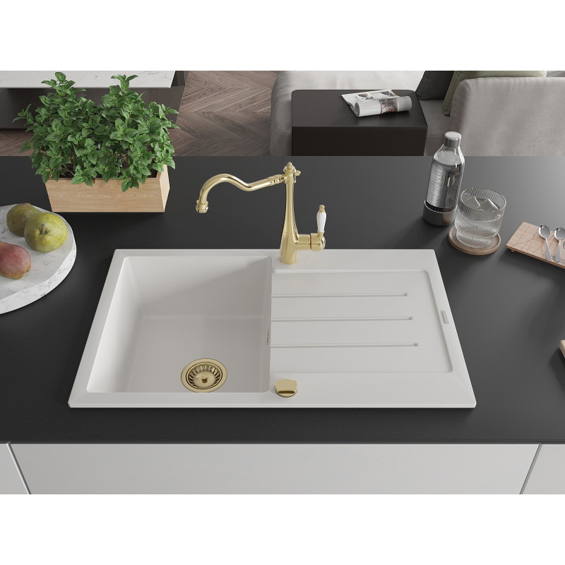 Mexen Bruno granite kitchen sink 1-bowl with drainer and kitchen faucet Carla, white - 6513-20-670700-50