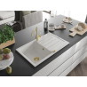 Mexen Bruno 1-bowl granite sink with drainer and kitchen faucet Carla, white - 6513-20-670700-50