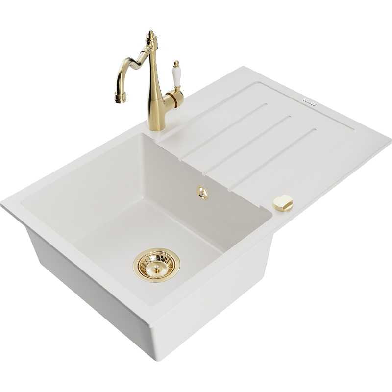 Mexen Bruno 1-bowl granite sink with drainer and kitchen faucet Carla, white - 6513-20-670700-50