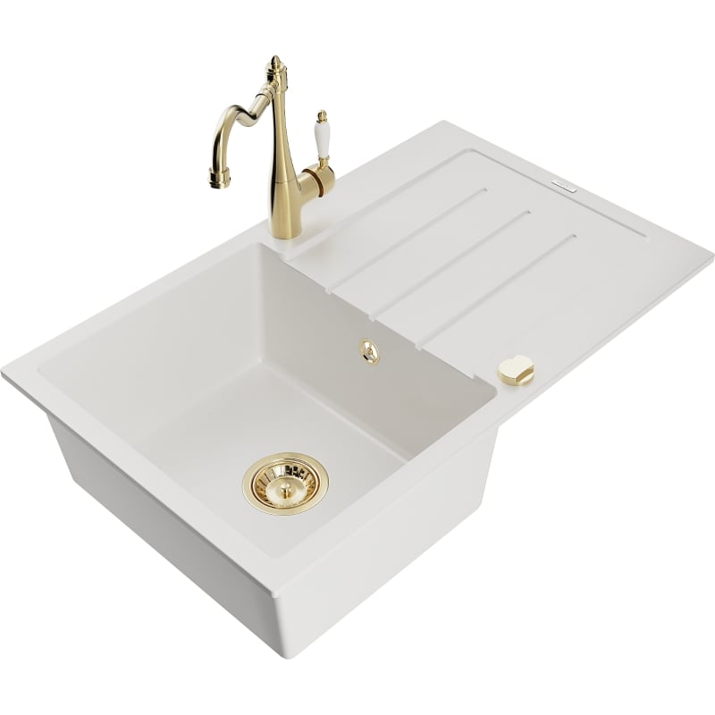 Mexen Bruno granite kitchen sink 1-bowl with drainer and kitchen faucet Carla, white - 6513-20-670700-50