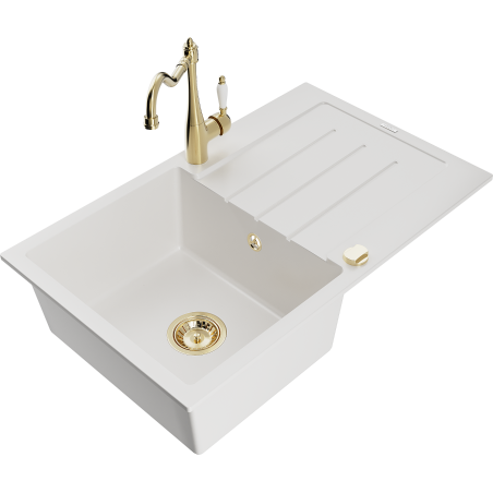 Mexen Bruno granite sink 1-bowl with drainer and Carla kitchen tap, white - 6513-20-670700-50