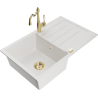 Mexen Bruno granite sink 1-bowl with drainer and Carla kitchen tap, white - 6513-20-670700-50