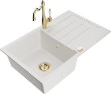 Mexen Bruno granite sink 1-bowl with drainer and Carla kitchen tap, white - 6513-20-670700-50