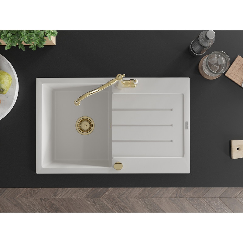 Mexen Bruno 1-bowl granite sink with drainer and kitchen faucet Carla, white - 6513-20-670700-50