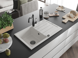 Mexen Bruno 1-bowl granite sink with drainer and Carla kitchen tap, white - 6513-20-670700-70