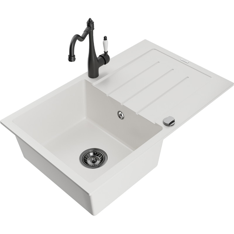 Mexen Bruno 1-bowl granite sink with drainer and Carla kitchen faucet, white - 6513-20-670700-70