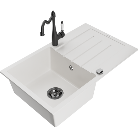 Mexen Bruno 1-bowl granite sink with drainer and Carla kitchen faucet, white - 6513-20-670700-70