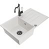Mexen Bruno 1-bowl granite sink with drainer and Carla kitchen tap, white - 6513-20-670700-70