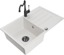 Mexen Bruno 1-bowl granite sink with drainer and Carla kitchen tap, white - 6513-20-670700-70