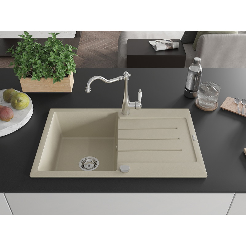 Mexen Bruno 1-bowl granite sink with drainer and kitchen faucet Carla, beige - 6513-69-670700-00