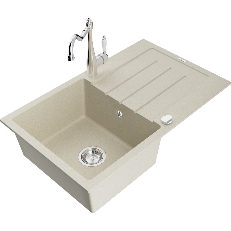 Mexen Bruno granite sink 1-bowl with drainer and Carla kitchen tap, beige - 6513-69-670700-00