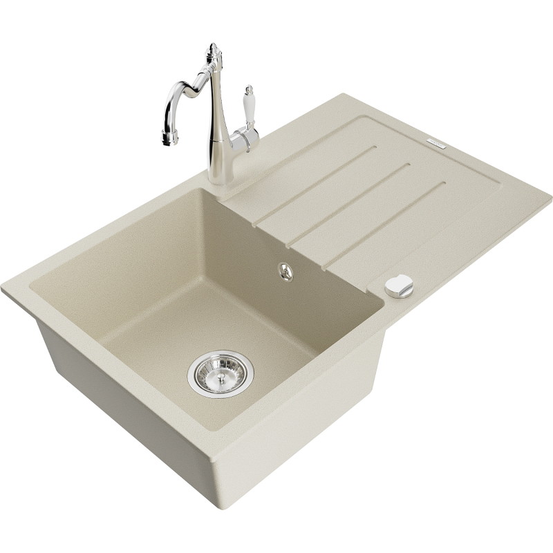 Mexen Bruno granite sink 1-bowl with drainer and kitchen faucet Carla, beige - 6513-69-670700-00