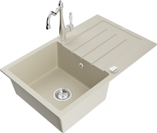 Mexen Bruno granite sink 1-bowl with drainer and kitchen faucet Carla, beige - 6513-69-670700-00
