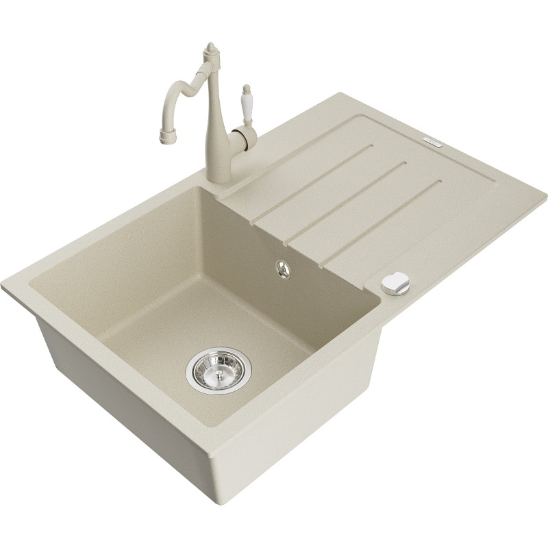 Mexen Bruno 1-bowl granite sink with drainer and Carla kitchen faucet, beige - 6513-69-670700-69