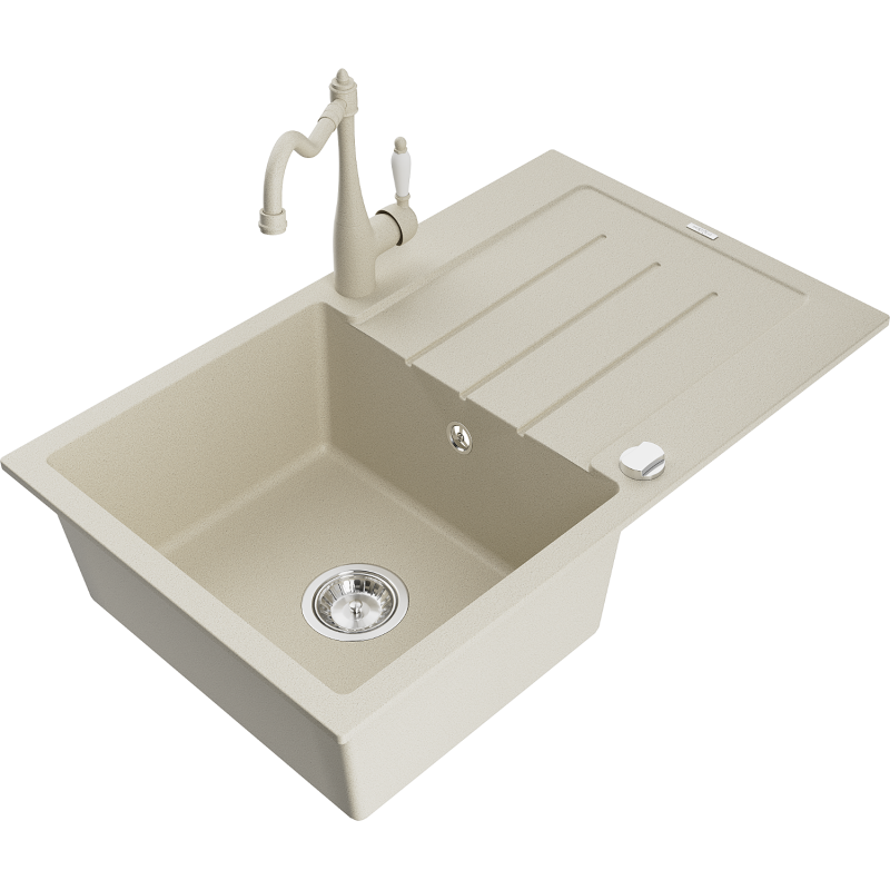 Mexen Bruno 1-bowl Granite Sink with Drainer and Carla Kitchen Tap, Beige - 6513-69-670700-69