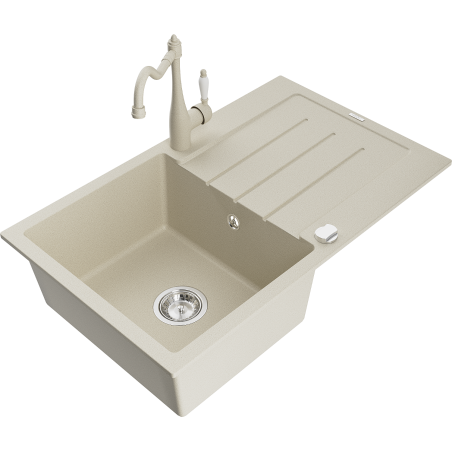 Mexen Bruno granite kitchen sink 1-bowl with drainer and Carla kitchen faucet, beige - 6513-69-670700-69