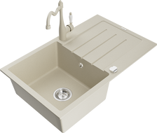 Mexen Bruno granite kitchen sink 1-bowl with drainer and Carla kitchen faucet, beige - 6513-69-670700-69