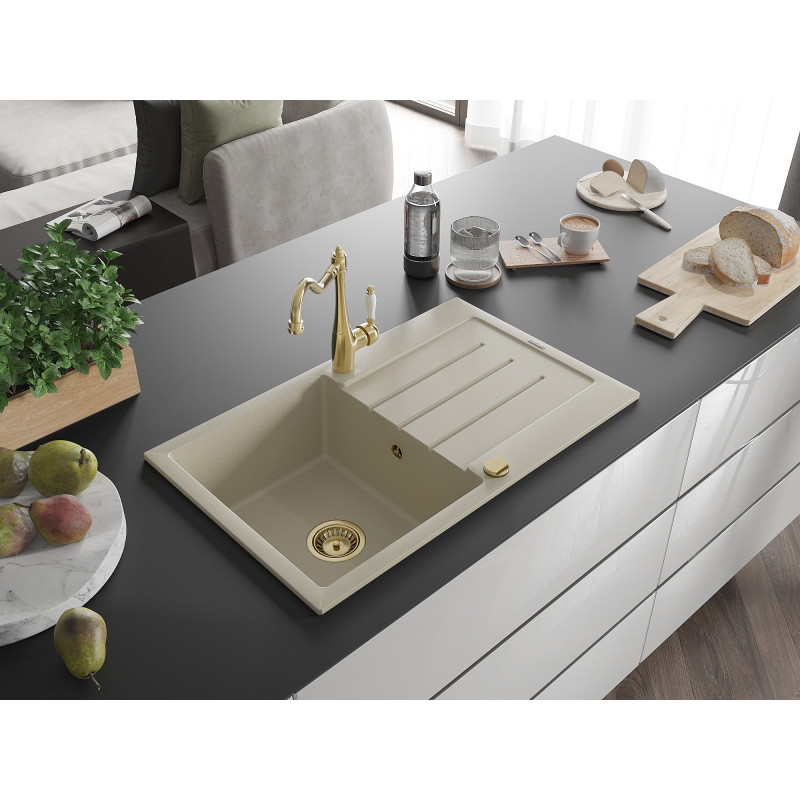 Mexen Bruno granite sink single-bowl with drainer and kitchen faucet Carla, beige - 6513-69-670700-50