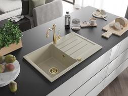 Mexen Bruno 1-compartment granite sink with a drip tray and kitchen mixer tap Carla, Beige - 6513-69-670700-50