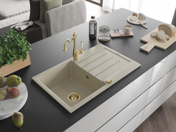 Mexen Bruno single-bowl granite kitchen sink with drainer and Carla kitchen faucet, beige - 6513-69-670700-50