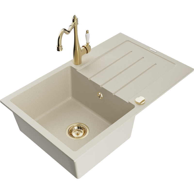 Mexen Bruno 1-compartment granite sink with a drip tray and kitchen mixer tap Carla, Beige - 6513-69-670700-50