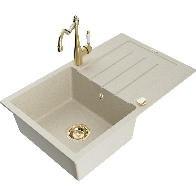 Mexen Bruno granite sink single-bowl with drainer and kitchen faucet Carla, beige - 6513-69-670700-50