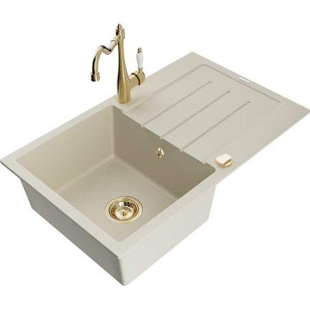 Mexen Bruno 1-compartment granite sink with a drip tray and kitchen mixer tap Carla, Beige - 6513-69-670700-50