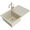 Mexen Bruno granite sink single-bowl with drainer and kitchen faucet Carla, beige - 6513-69-670700-50