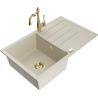 Mexen Bruno single-bowl granite kitchen sink with drainer and Carla kitchen faucet, beige - 6513-69-670700-50