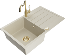 Mexen Bruno single-bowl granite kitchen sink with drainer and Carla kitchen faucet, beige - 6513-69-670700-50