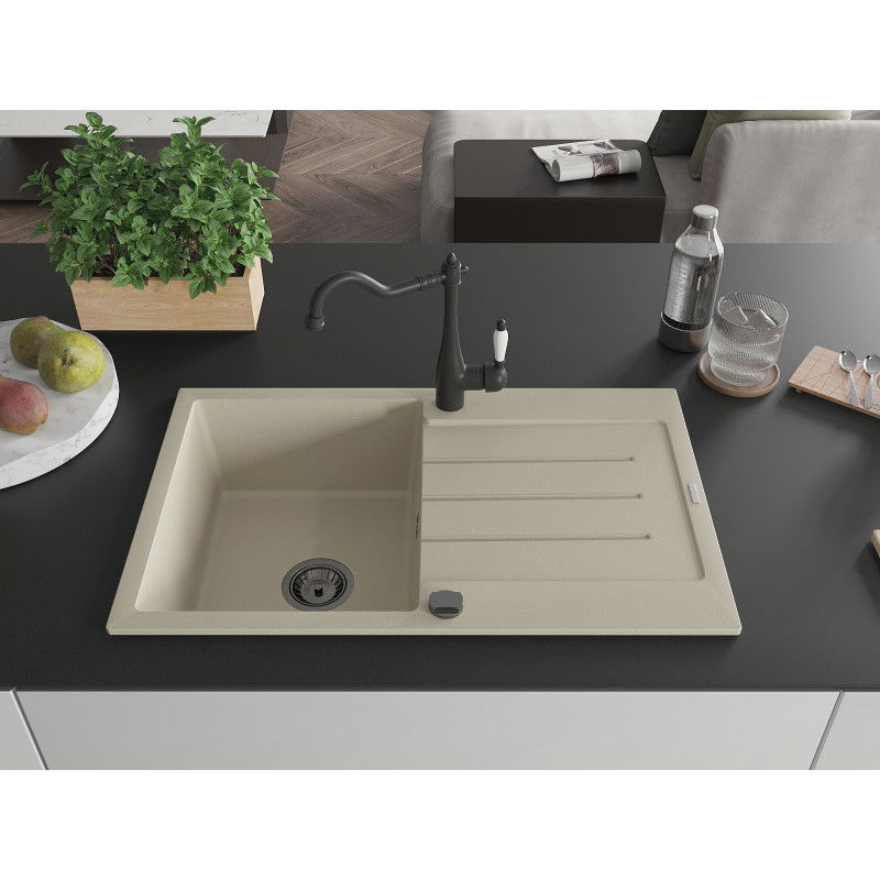 Mexen Bruno 1-bowl granite kitchen sink with drainer and Carla kitchen tap, beige - 6513-69-670700-70