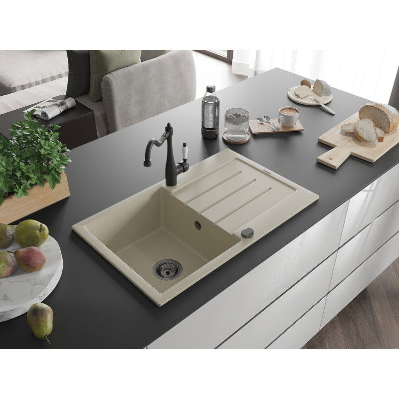 Mexen Bruno 1-bowl granite kitchen sink with drainer and Carla kitchen tap, beige - 6513-69-670700-70