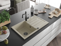 Mexen Bruno 1-bowl granite kitchen sink with drainer and Carla kitchen tap, beige - 6513-69-670700-70