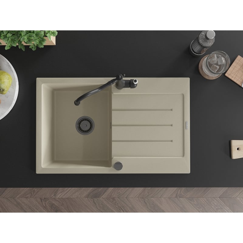 Mexen Bruno 1-bowl Granite Sink with Drip Tray and Carla Kitchen Faucet, Beige - 6513-69-670700-70