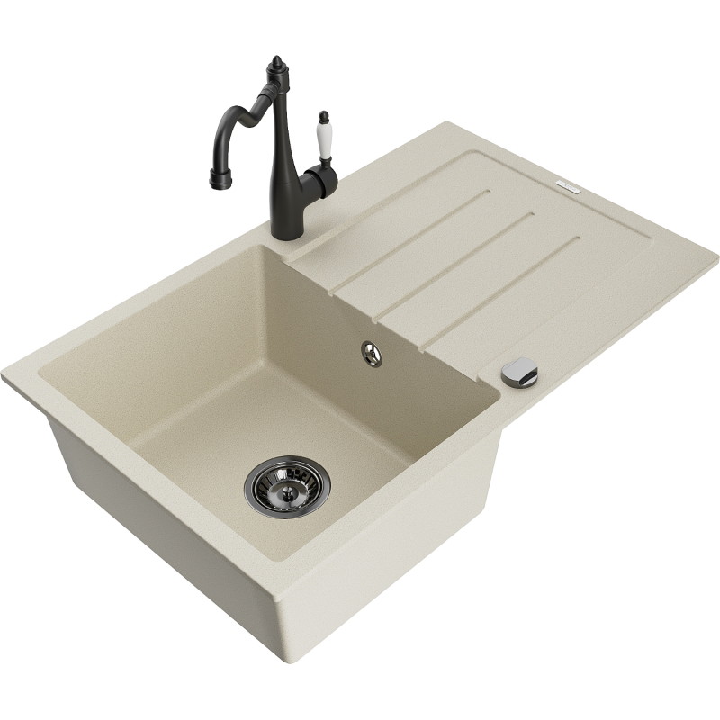 Mexen Bruno 1-bowl Granite Sink with Drip Tray and Carla Kitchen Faucet, Beige - 6513-69-670700-70