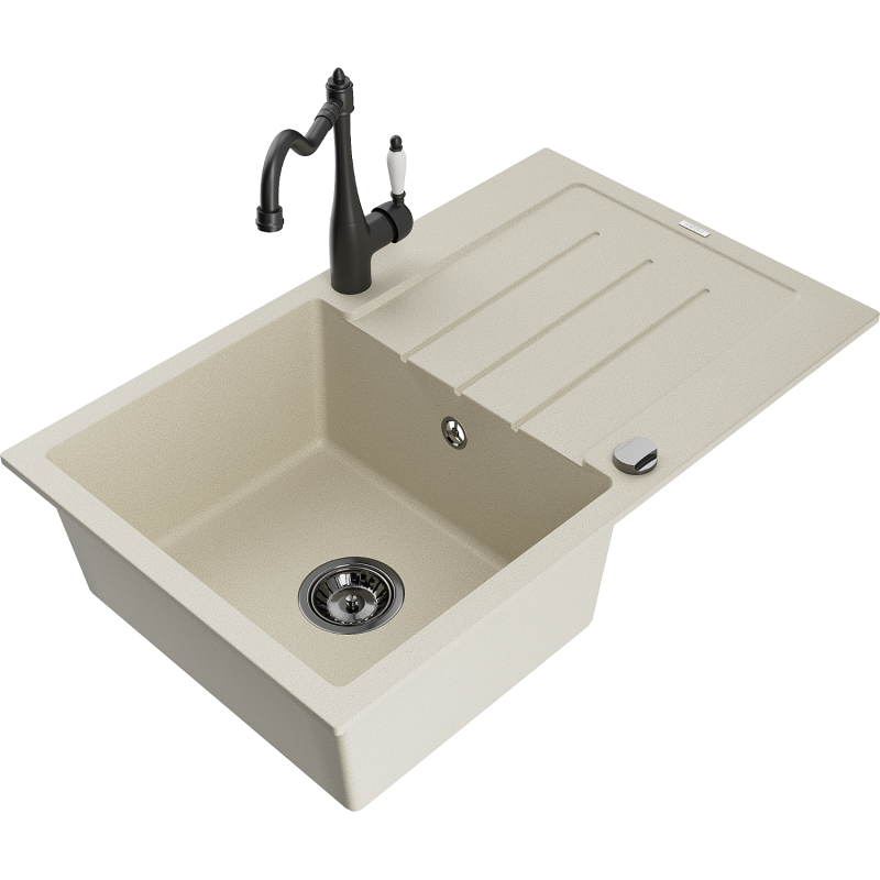 Mexen Bruno 1-compartment granite sink with a drip tray and kitchen mixer tap Carla, Beige - 6513-69-670700-70